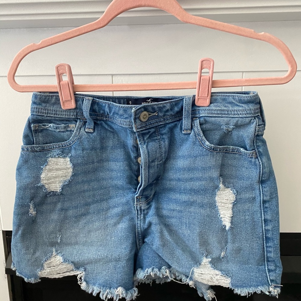 dark denim distressed high waisted shorts